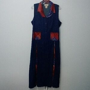 Vintage April Cornell Denim Silk Patchwork Sleeveless Button Down Maxi Dress